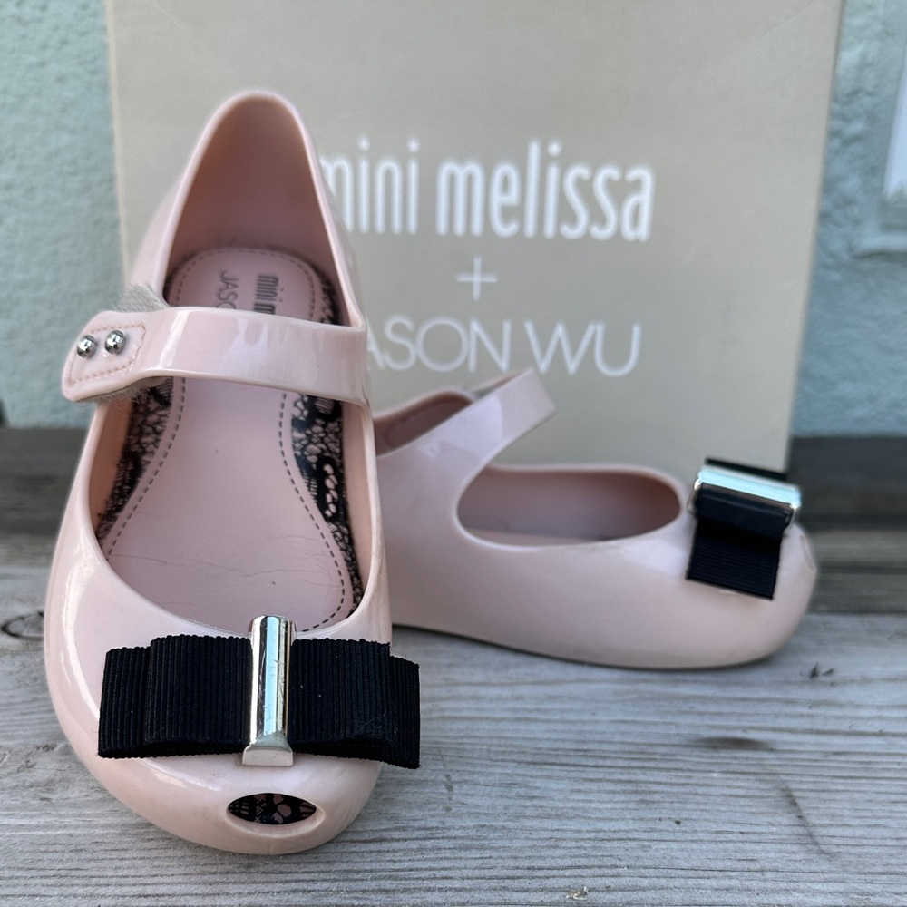 Mini Melissa Pink Patent Mary Jane Flats with Black Bow